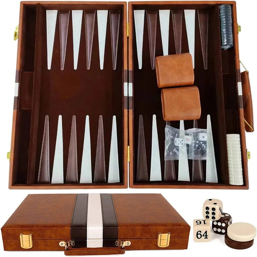 Classic Backgammon Set with premium leather folding board, checkers, and dice - complete travel game - top iew