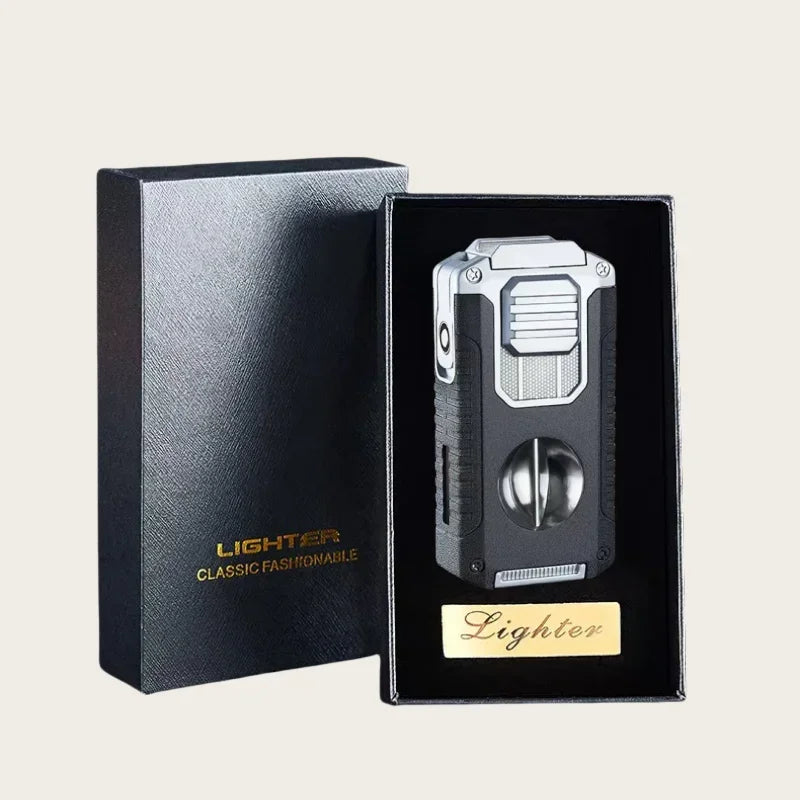 Triple-Flame Cigar Lighter with Cutter and Holder in elegant gift box - Black lighter