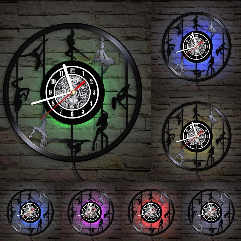 Pole Dance vinyl record wall clock LED color options display showing multiple backlighting choices