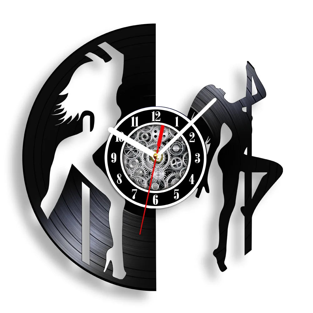 Pole Dancers Vinyl Record Wall Clock with two silhouette dancers - retro upcycled vinyl art for man cave bar decor
