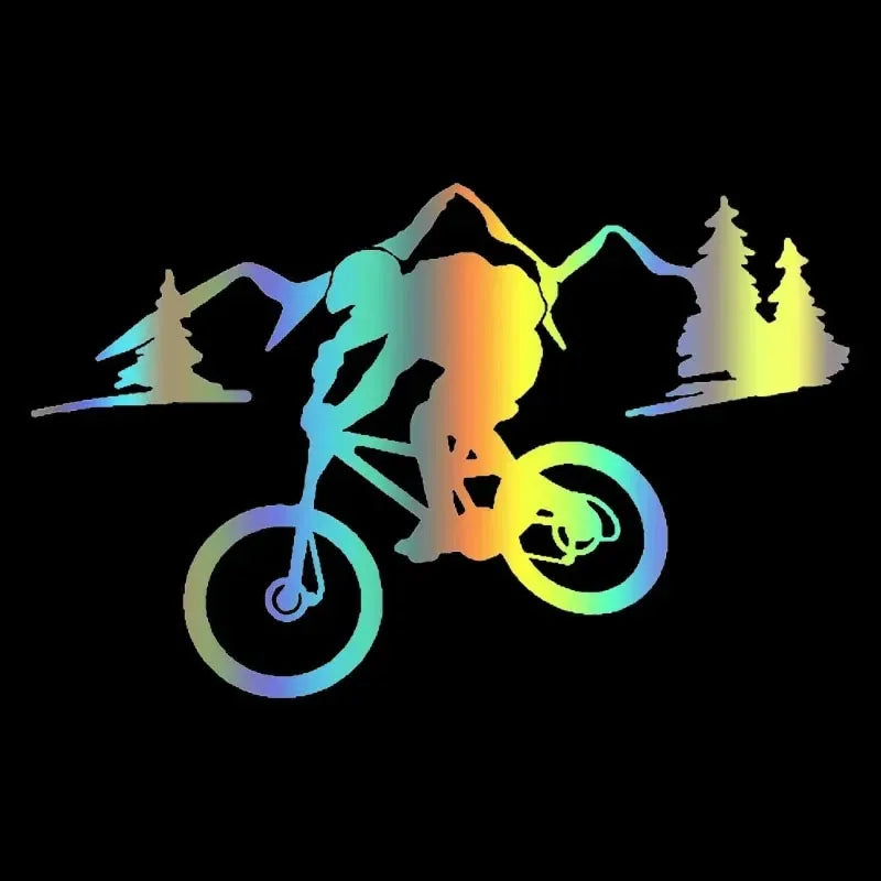 Mountain bike rider waterproof sticker featuring vibrant rainbow gradient design with MTB cyclist and mountain landscape on black background