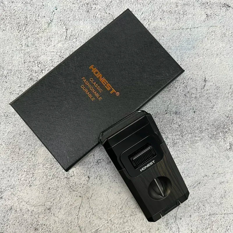 Dual-Flame Cigar Lighter in elegant gift box with built-in cutter and holder features - Black with box