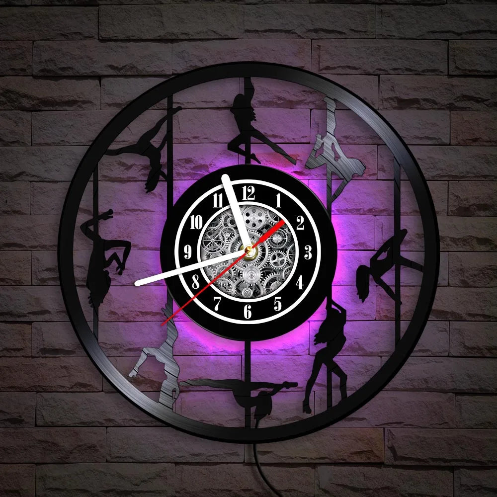 Pole Dance vinyl record wall clock with pink LED backlighting example