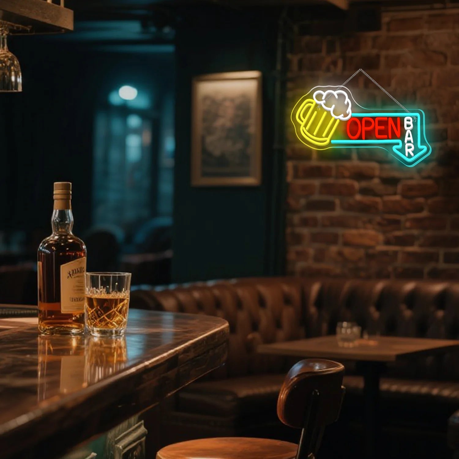 Beer mug OPEN LED neon wall light ambient shot showing vibrant glow in dark bar setting