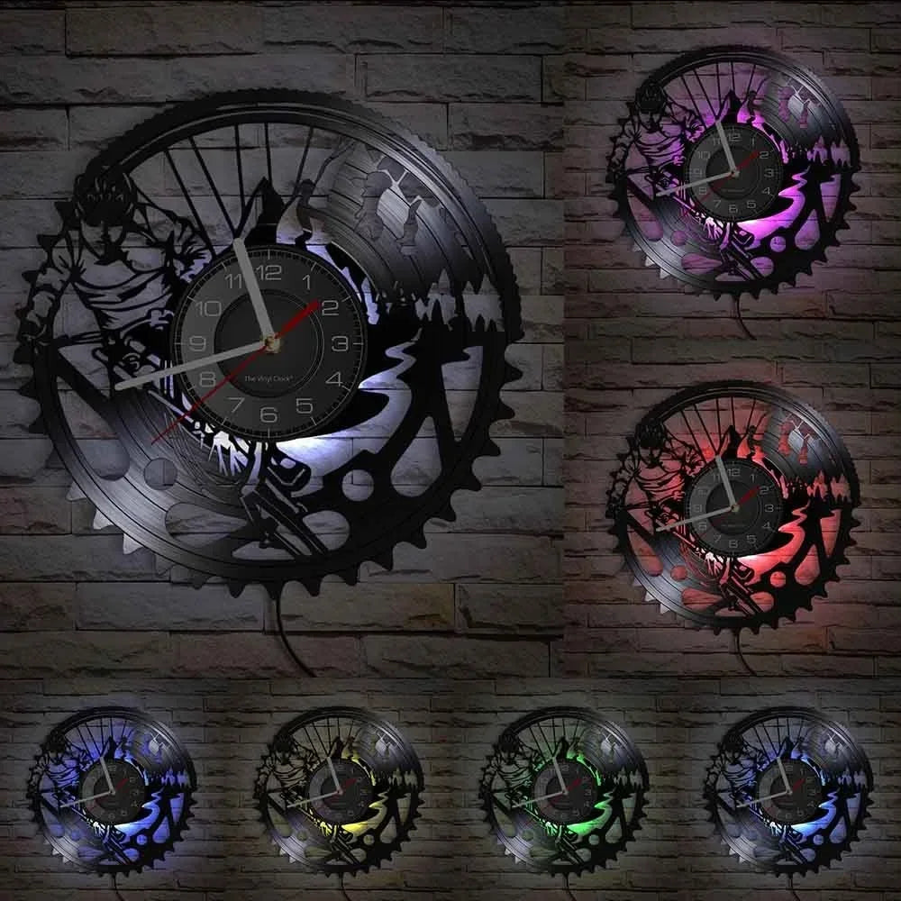 Mountain bike vinyl record wall clock with multicolor LED backlighting display options
