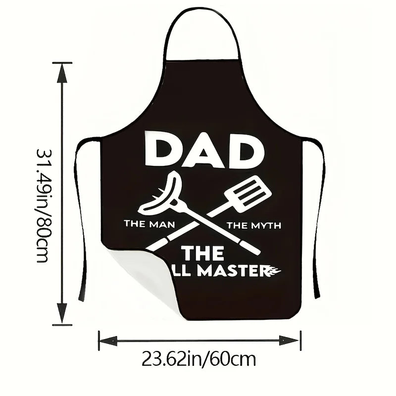 Dad The Grill Master BBQ Apron showing waterproof fabric, pockets and adjustable straps - funny grill apron - dimensions