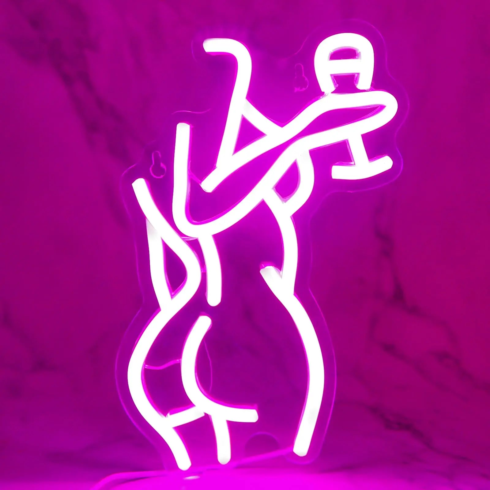 Dancing woman LED neon sign in vibrant pink featuring playful feminine silhouette in dynamic dance pose for bedroom or bar wall decor