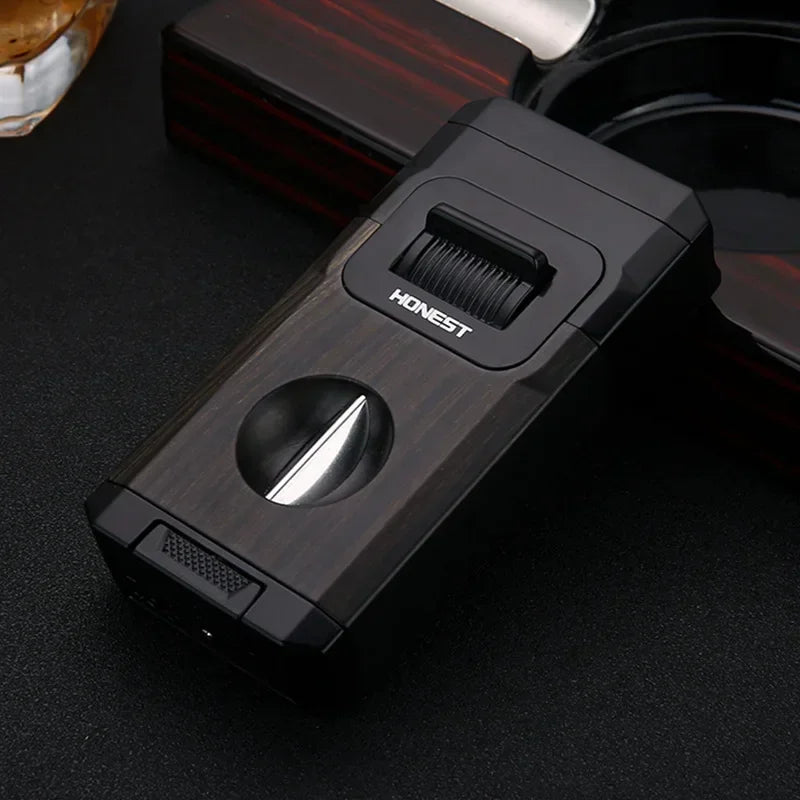 Dual-Flame Cigar Lighter in elegant gift box with built-in cutter and holder features - black dual flame