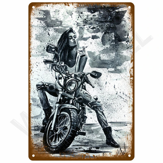 Biker girl motorcycle couple metal tin sign featuring artistic black and white design with painterly brushstrokes showing romantic couple on motorcycle with dramatic contrast and vintage distressed edges
