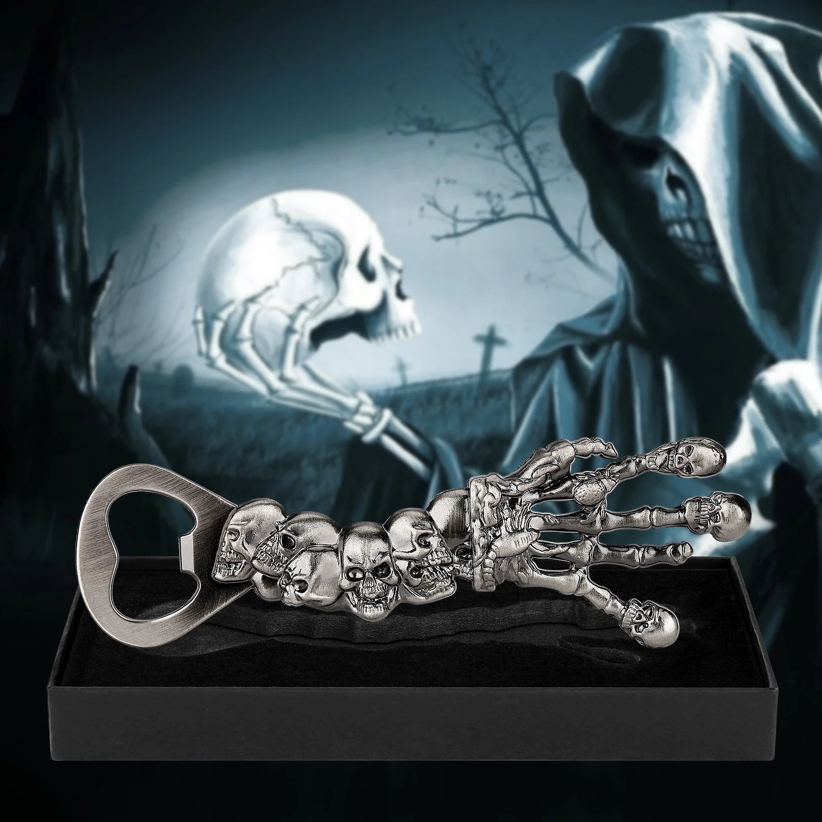 Skull Chain Bottle Opener Keychain in brass metal with linked skull design - unique EDC accessory - grim reaper 