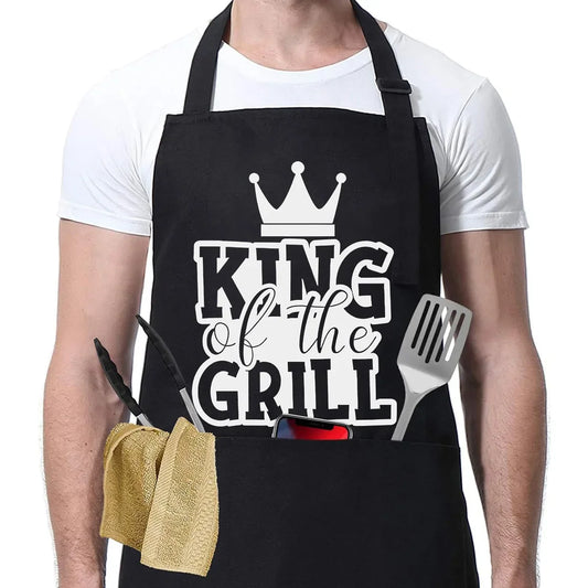King of the Grill BBQ Apron with crown graphic - adjustable waterproof grill apron with pockets