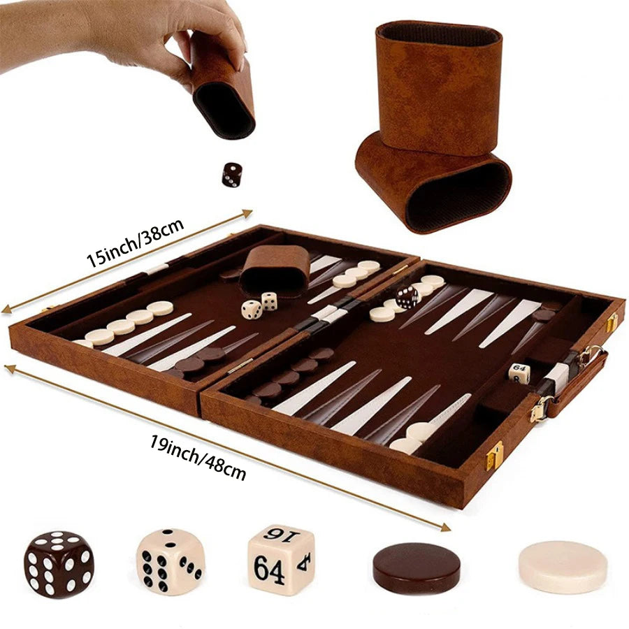 Classic Backgammon Set with premium leather folding board, checkers, and dice - complete travel game - dimensions