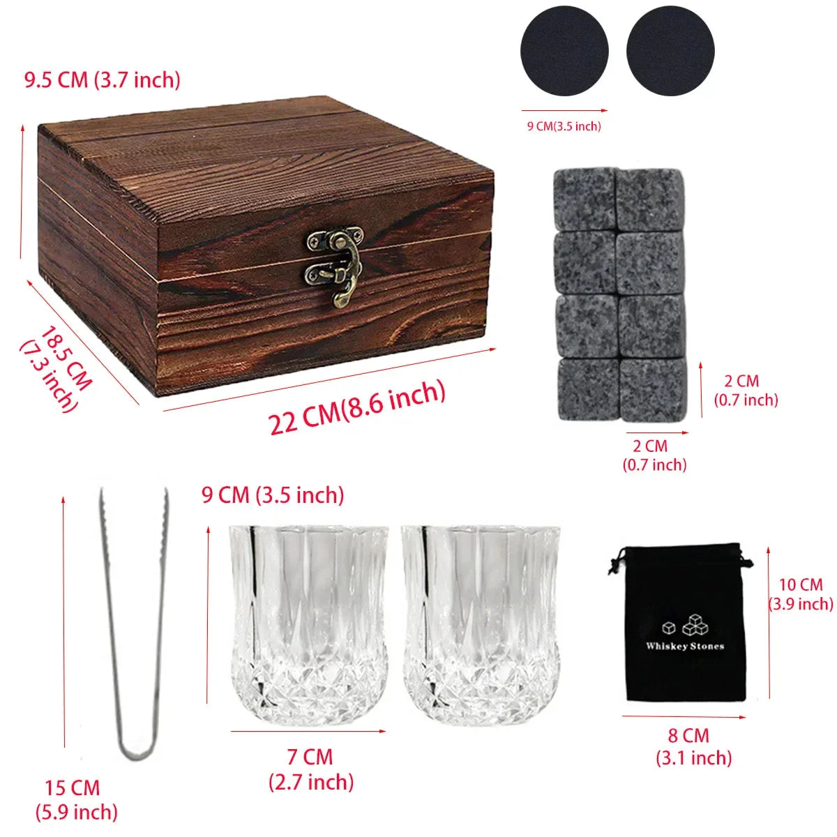 Whiskey Stones Gift Set with 8 granite chilling cubes in wooden box - premium barware gift - dimensions