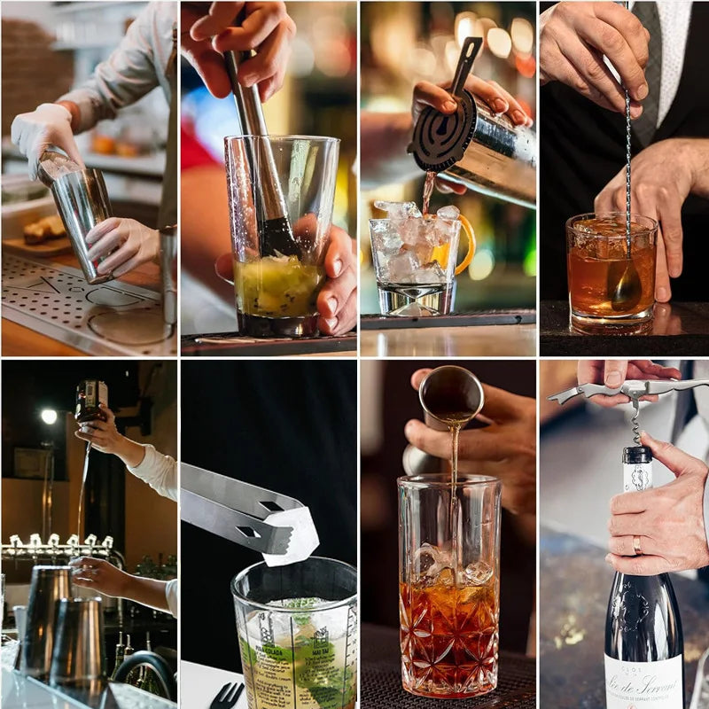 Professional bartender using luxury cocktail bar set tools - shaking, muddling, pouring, and mixing drinks with premium barware