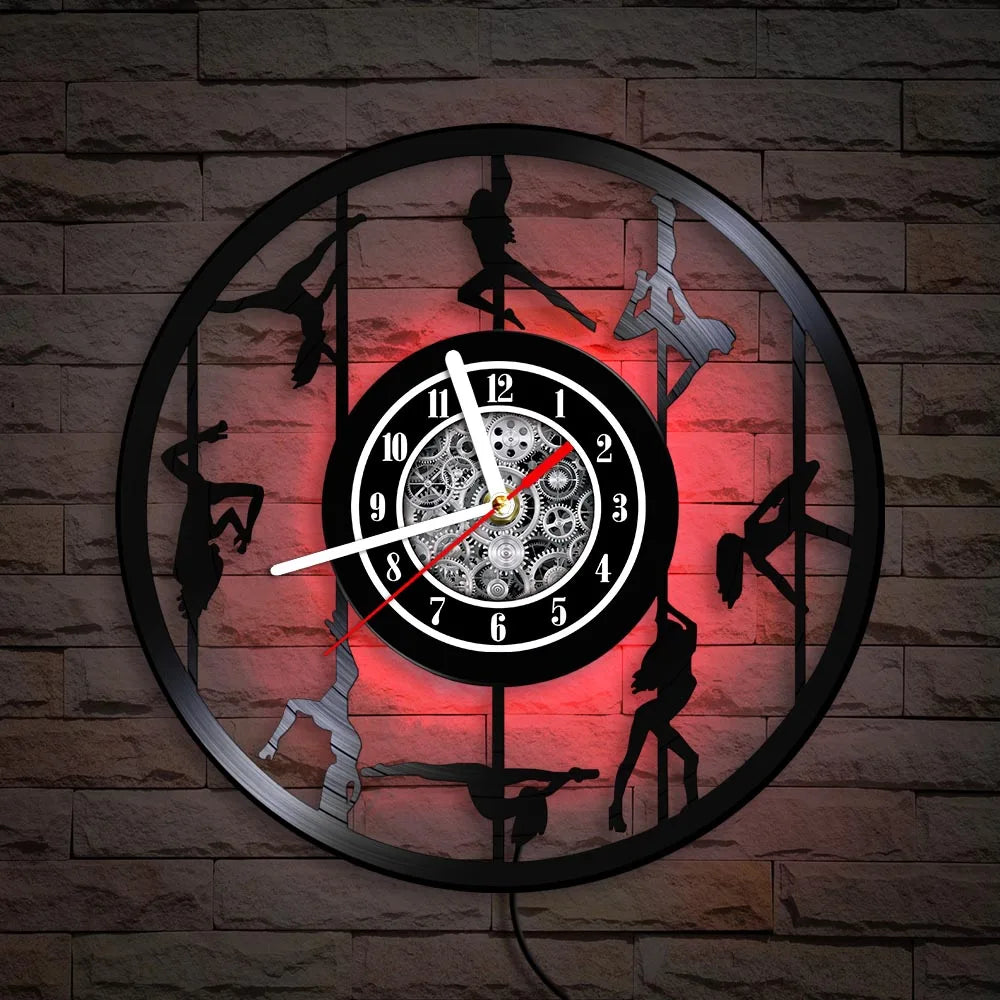 Pole Dancers Vinyl Record Wall Clock with two silhouette dancers - Red LED