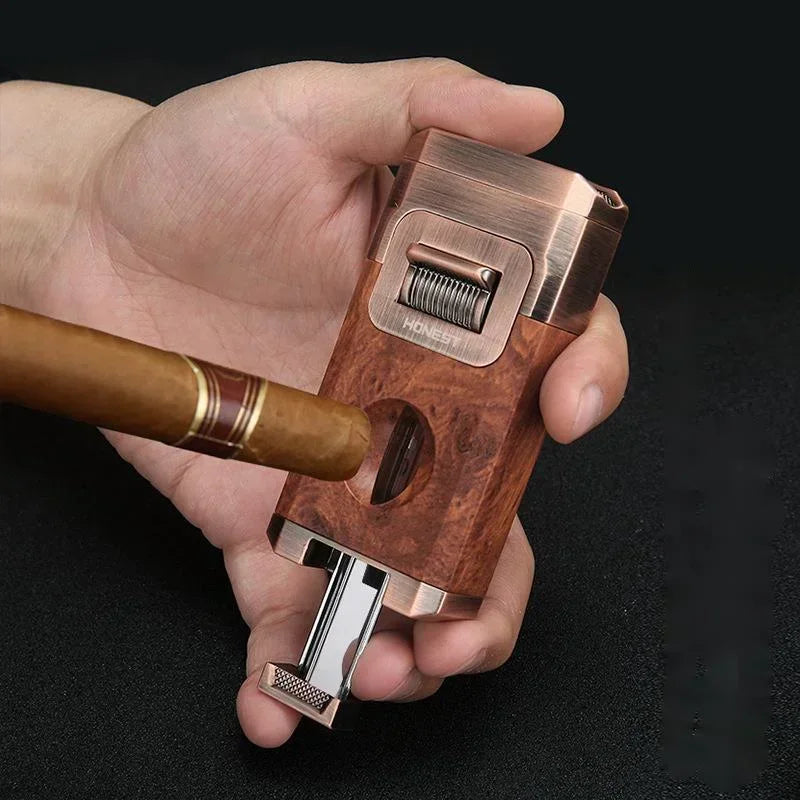 Triple-Flame Cigar Lighter with Cutter - Cutter in use