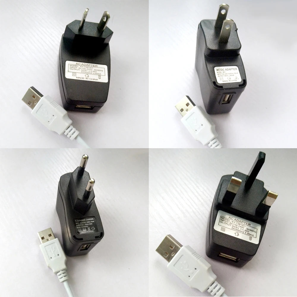 Black power adapter with USB cable on a white background