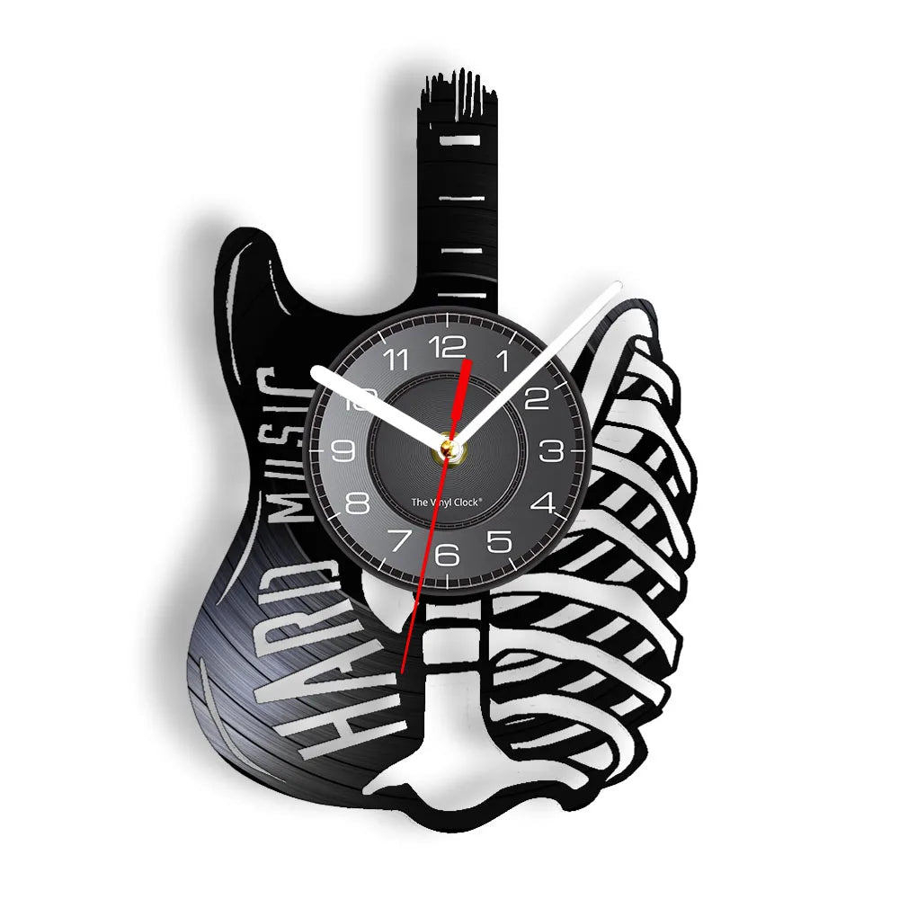 Guitar vinyl record wall clock featuring intricate laser-cut electric guitar design with detailed strings, frets, and body on black vinyl record