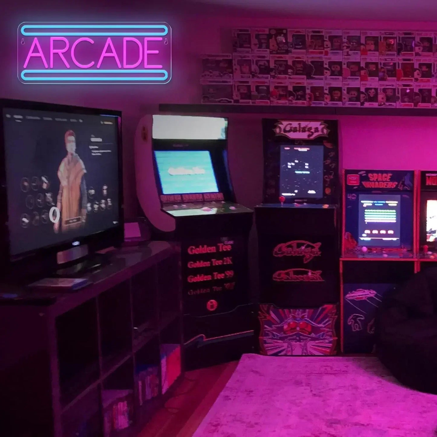 ARCADE LED neon light alternate view showing vibrant pink and blue glow in ambient setting