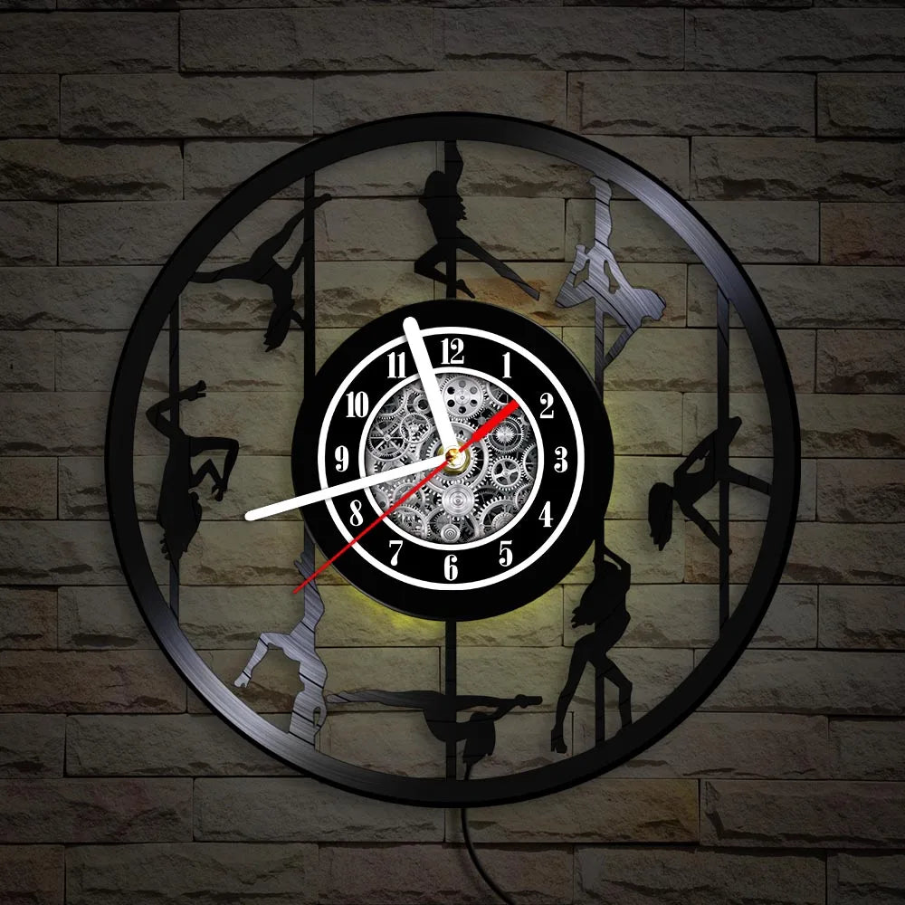 Pole Dance vinyl record wall clock with yellow LED backlighting example

