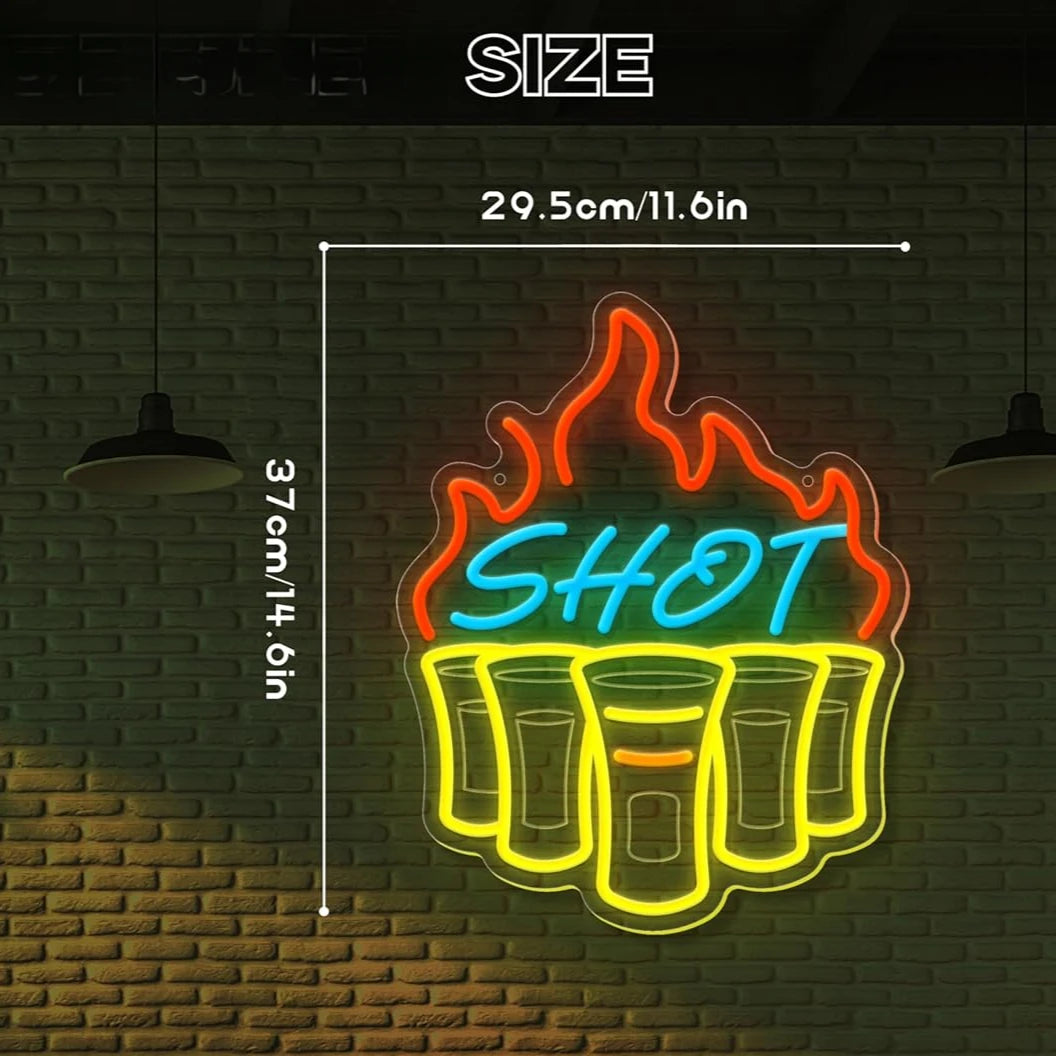 SHOT neon sign product packaging showing LED shot glass light specifications