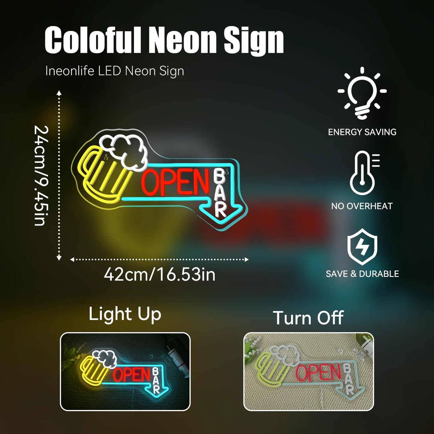 Beer mug OPEN neon sign installation guide showing mounting options and dimensions