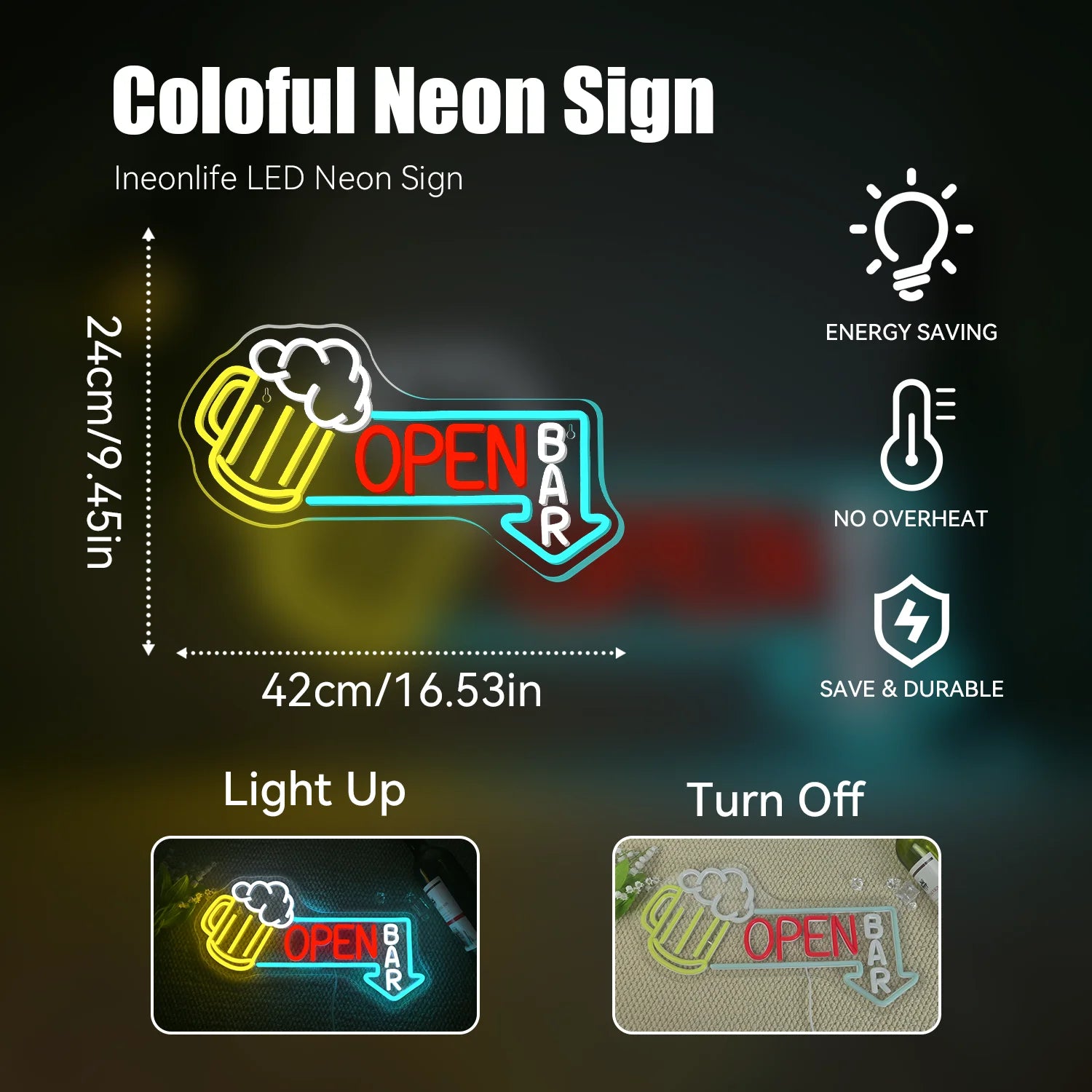 Beer mug OPEN neon sign installation guide showing mounting options and dimensions