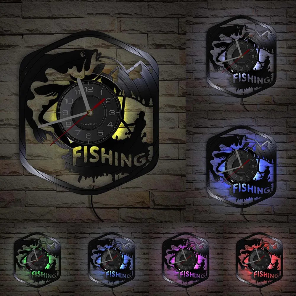 Fishing vinyl record clock LED color options display showing multiple backlighting choices