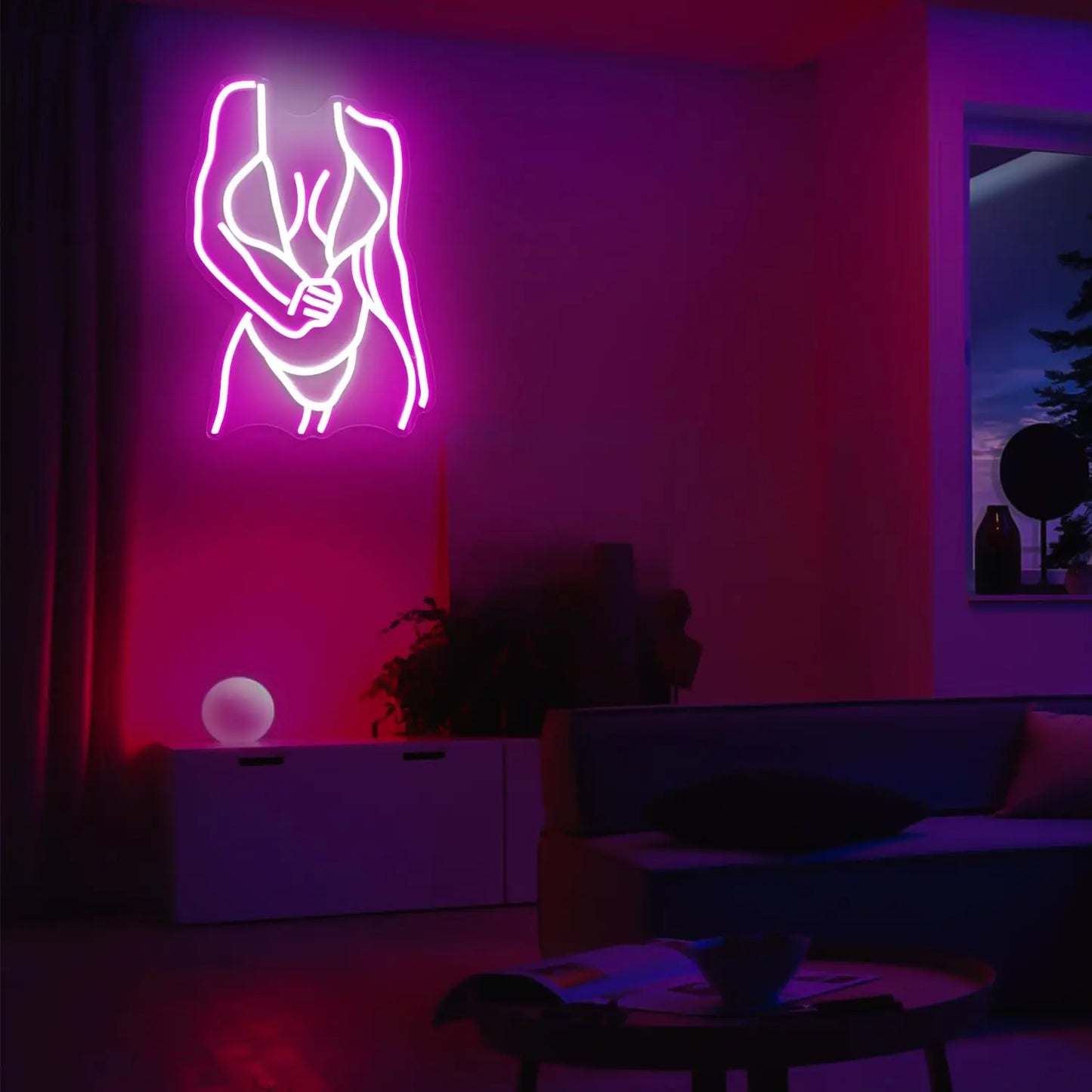 Curvy woman figure LED neon sign alternate angle showing full silhouette design in vibrant pink
