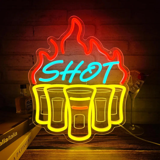 SHOT LED neon sign featuring vibrant multi-color shot glasses with red flame effect for bar or party wall decor