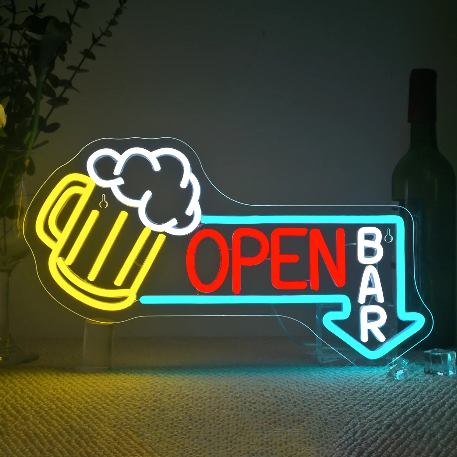 Beer mug OPEN LED neon sign in vibrant multi-color featuring yellow beer mug with red OPEN text and cyan accents for bar or pub wall decor