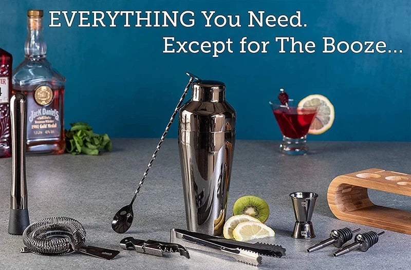 Luxury Cocktail Bar Set 10-Piece Mixology Kit with bamboo stand in silver plated finish - premium bartender tools on bench