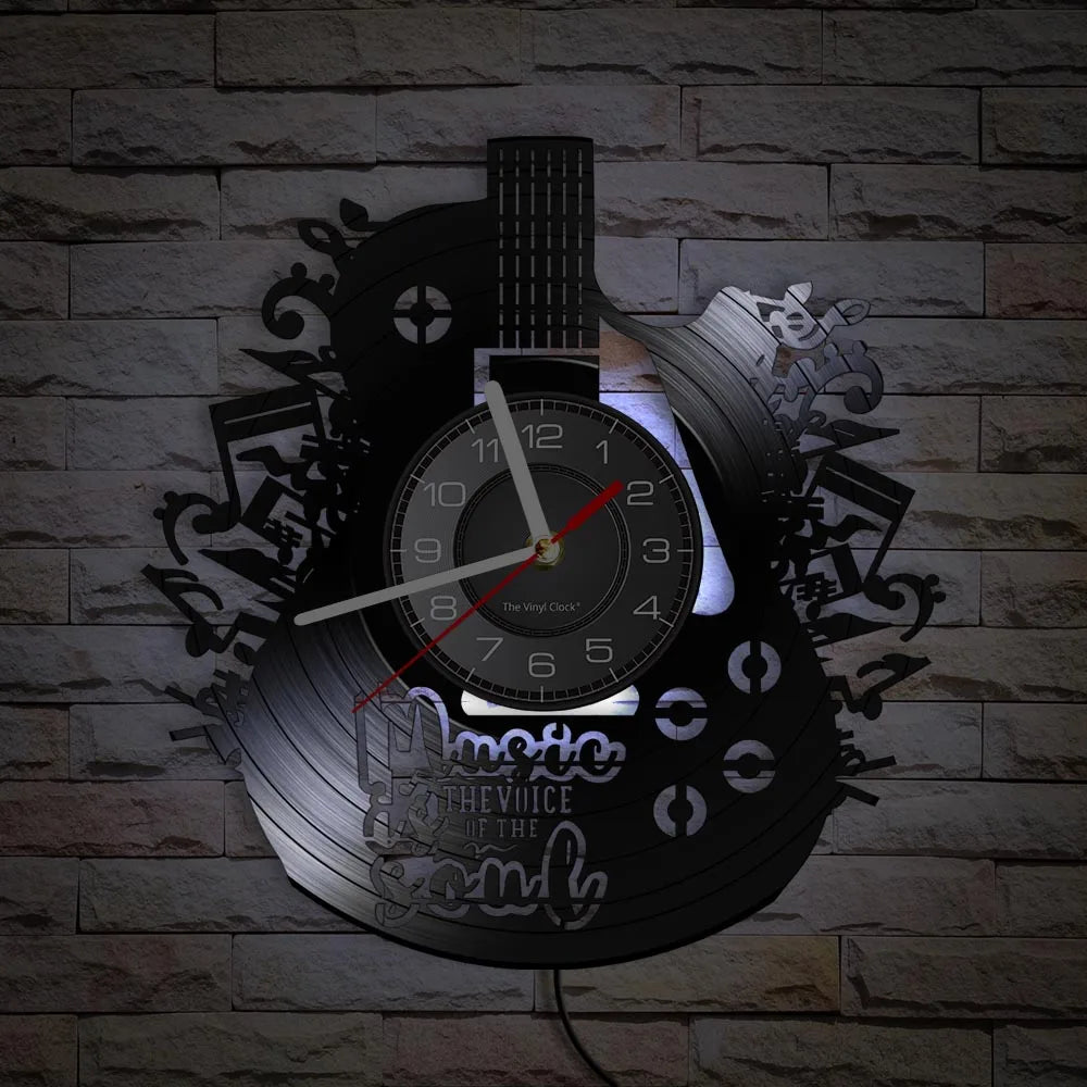 Electric guitar vinyl record wall clock with white LED backlighting example