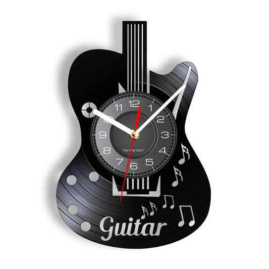 Guitar vinyl record wall clock featuring intricate laser-cut electric guitar design with Guitar text, detailed strings, pickups, frets, and body on black vinyl record
