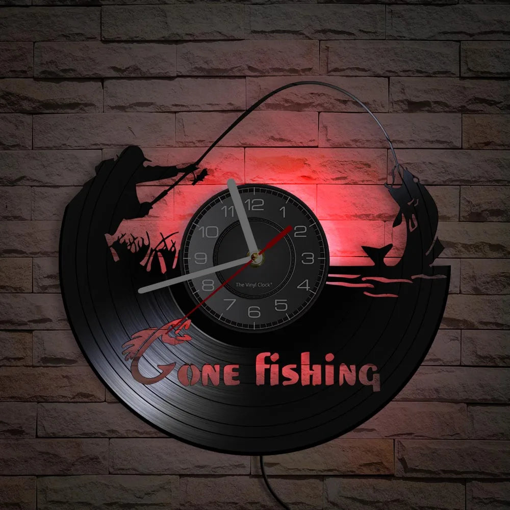 Fishing vinyl record wall clock with red LED backlighting