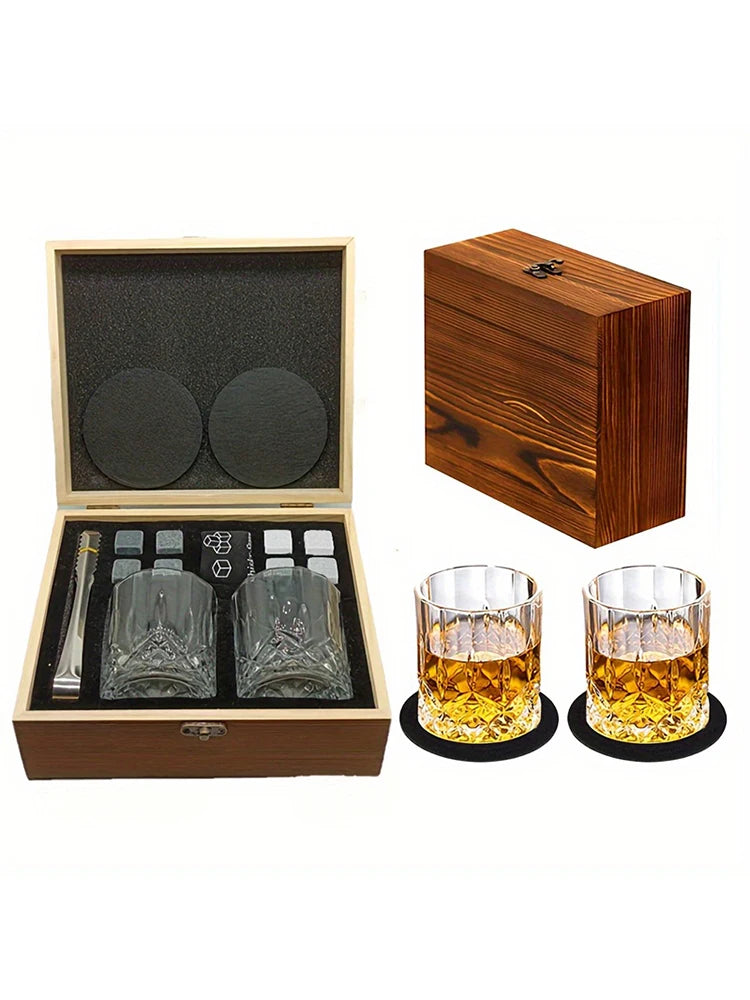 Whiskey Stones Gift Set with 8 granite chilling cubes in wooden box - premium barware gift