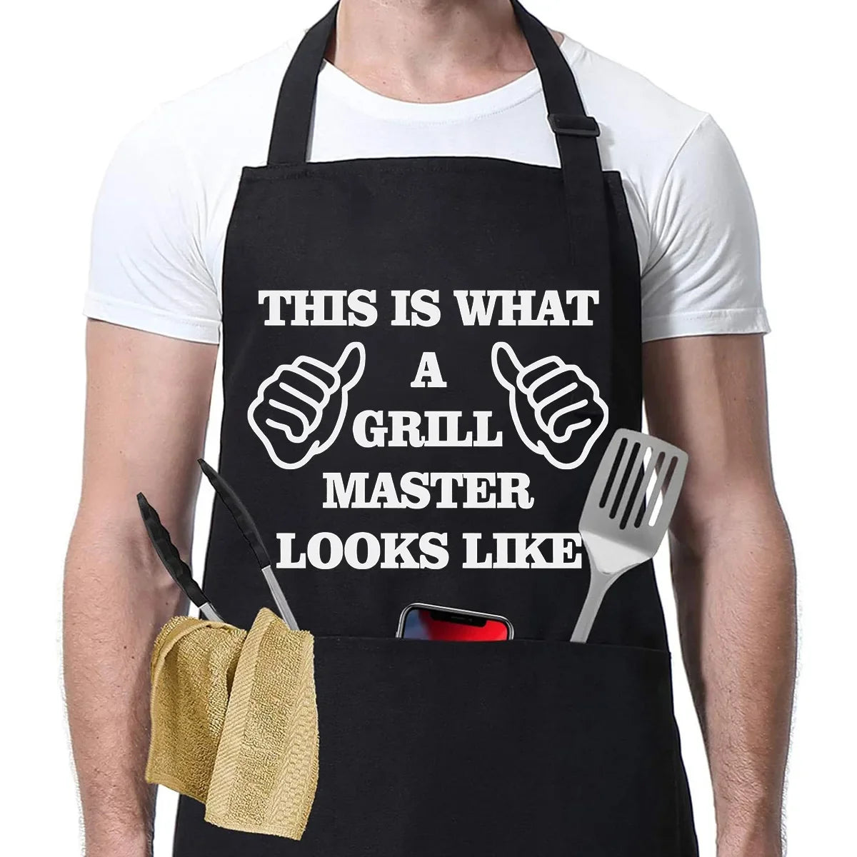 This is What a Grill Master Looks Like BBQ Apron with funny thumbs-up graphics - adjustable waterproof grill apron with pockets