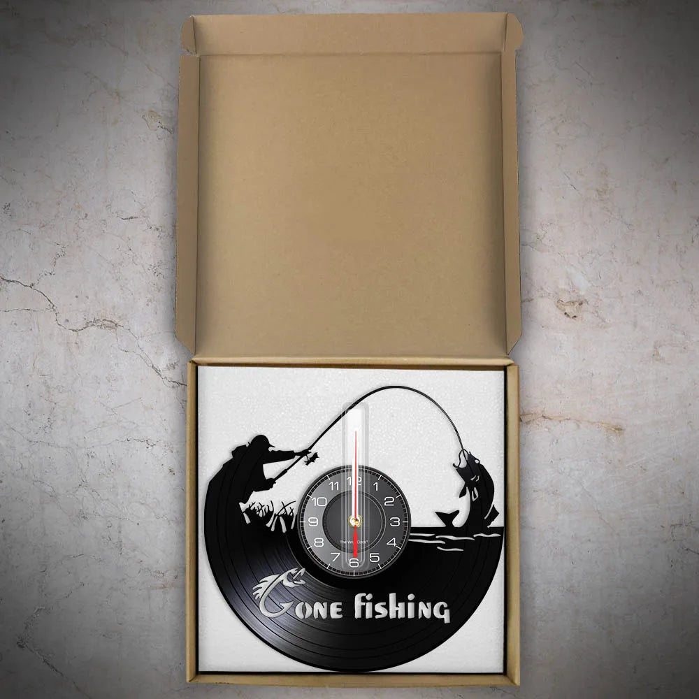 Fly fishing vinyl record clock packaging in premium black gift box