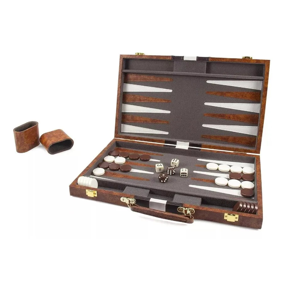 Classic Backgammon Set with premium leather folding board, checkers, and dice - complete travel game - dice