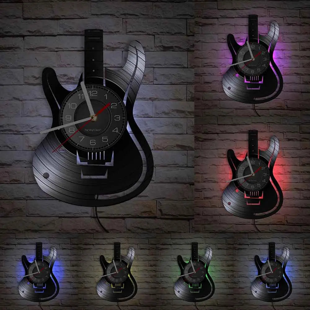 Electric guitar vinyl record wall clock LED color options display showing multiple backlighting choices