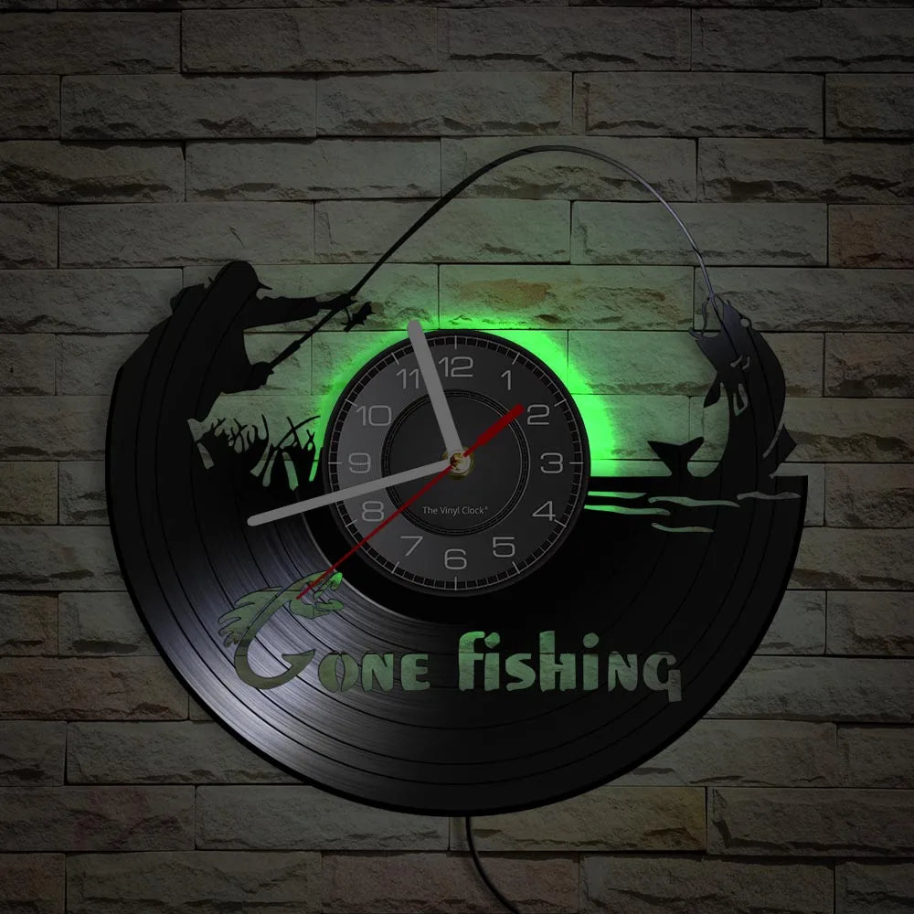 Fishing vinyl record wall clock with red LED backlighting