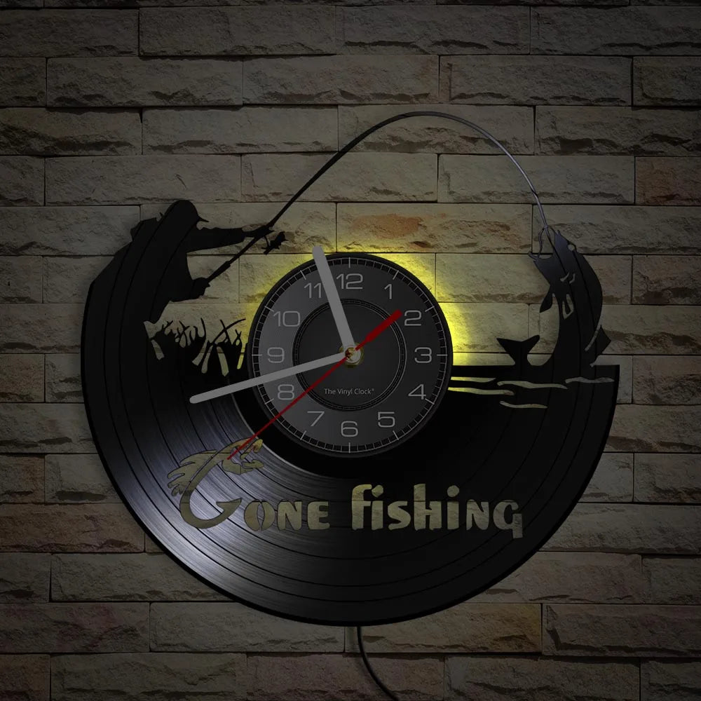 Gone Fishing vinyl record wall clock with yellow LED backlighting example