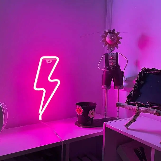 Lightning bolt neon sign in pink showing vibrant glow in dark setting