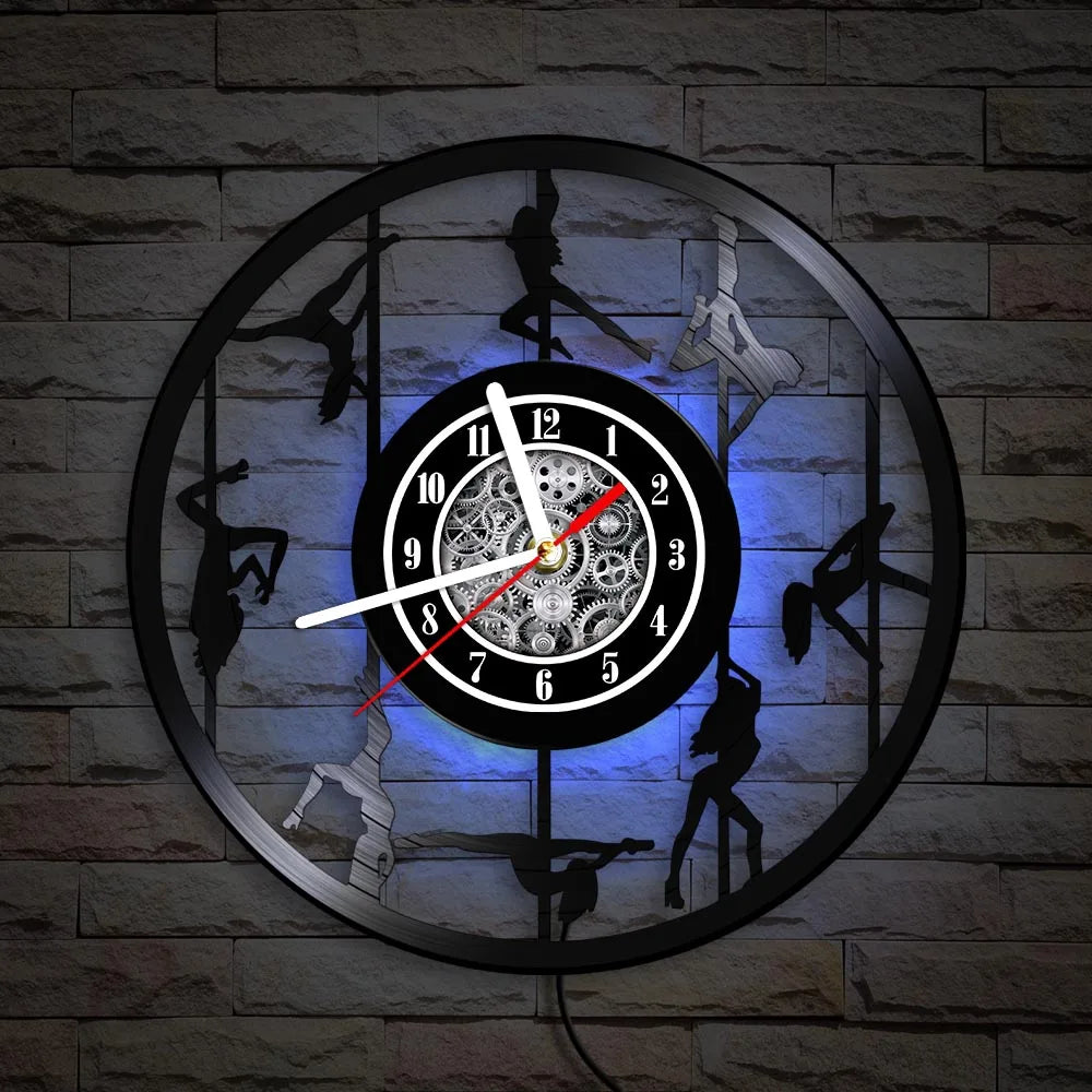 Pole Dancers Vinyl Record Wall Clock with two silhouette dancers - Blue LED