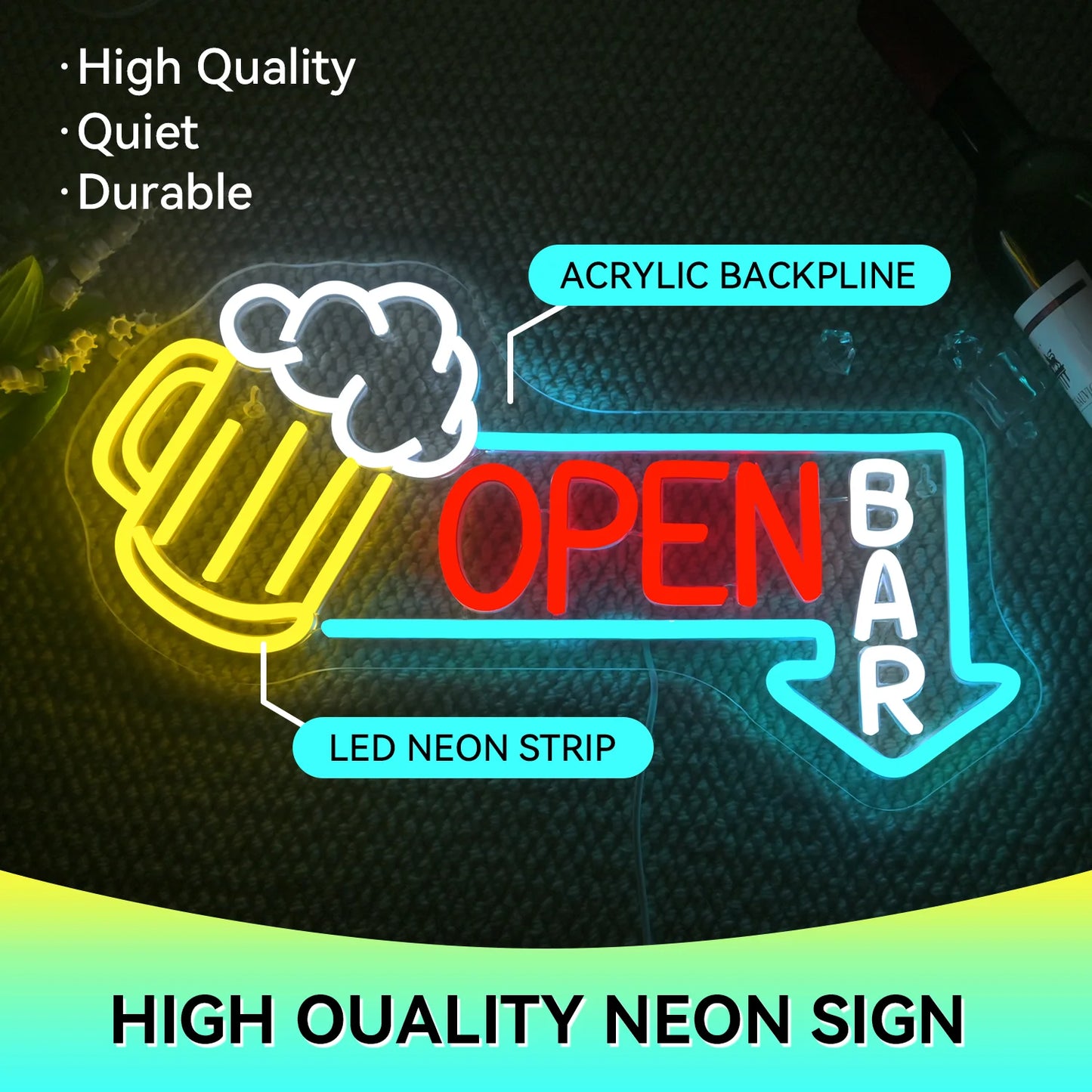 Beer mug OPEN LED neon wall light close-up showing colorful beer mug and text design details