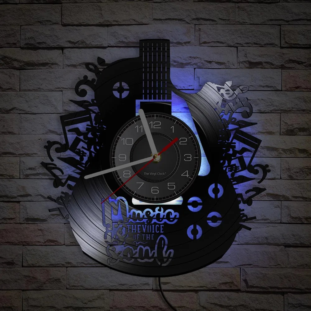 Electric guitar vinyl record wall clock with blue LED backlighting example
