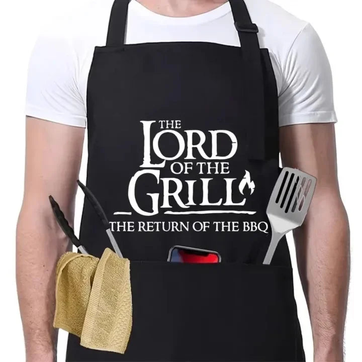 Lord of the Grills BBQ Apron with Lord of the Rings style text and ring graphic - adjustable waterproof grill apron with pockets