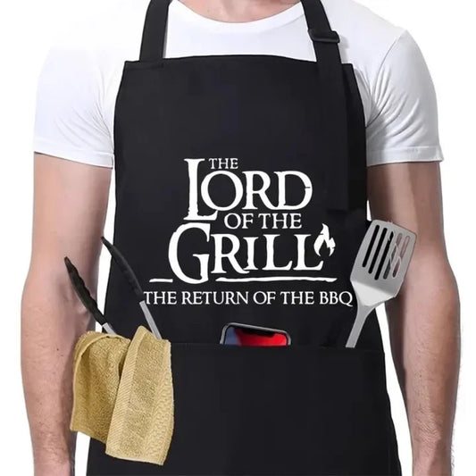 Lord of the Grills BBQ Apron with Lord of the Rings style text and ring graphic - adjustable waterproof grill apron with pockets