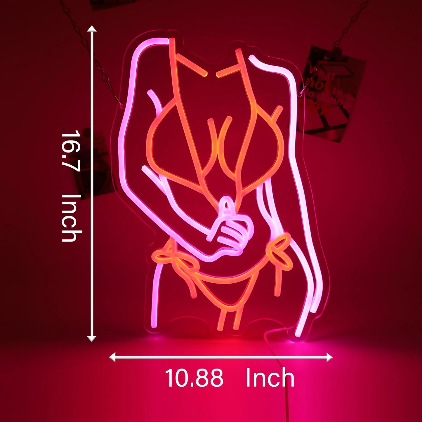 Rose neon sign lifestyle shot showing wall installation with vibrant pink glow in dark ambient setting - dimensions