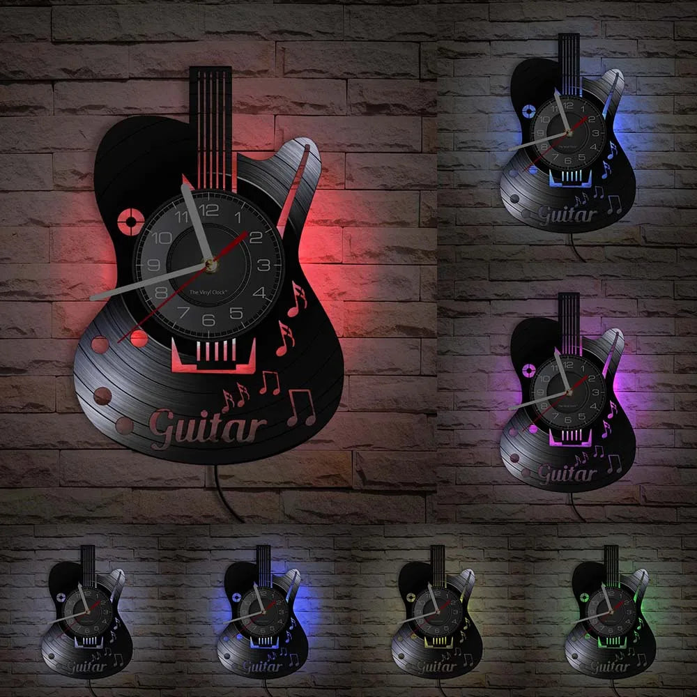 Guitar vinyl record wall clock LED color options display showing multiple backlighting choices